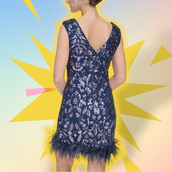 NWT Eliza J Navy Blue ‘Sequin Boat Neck Sleeveless Feather Trim Sheath Dress’ 6 - Picture 3 of 14